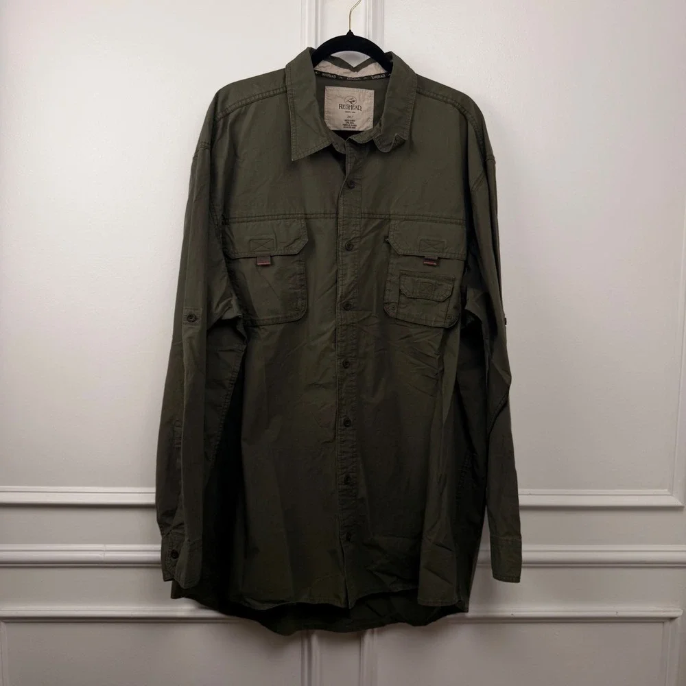 Red Head Mens 2XLT Olive Green Ripstop Long Sleeve Button Down Utility Shirt NWT